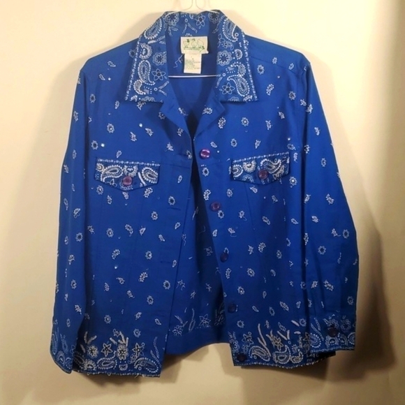 Quacker Factory Jacket Blue Blue Handkerchief Print Button Sequins Size Medium - Picture 6 of 15